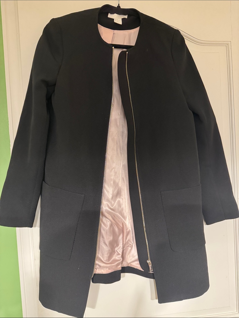 H&M Black Zip-Front Trench Coat with Pink Lining